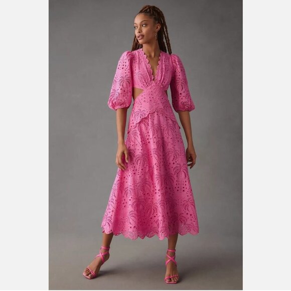 FARM Rio Pink Richelieu Midi Dress Eyelet Scallop Cutout Tuckernuck Sundress - Picture 9 of 9